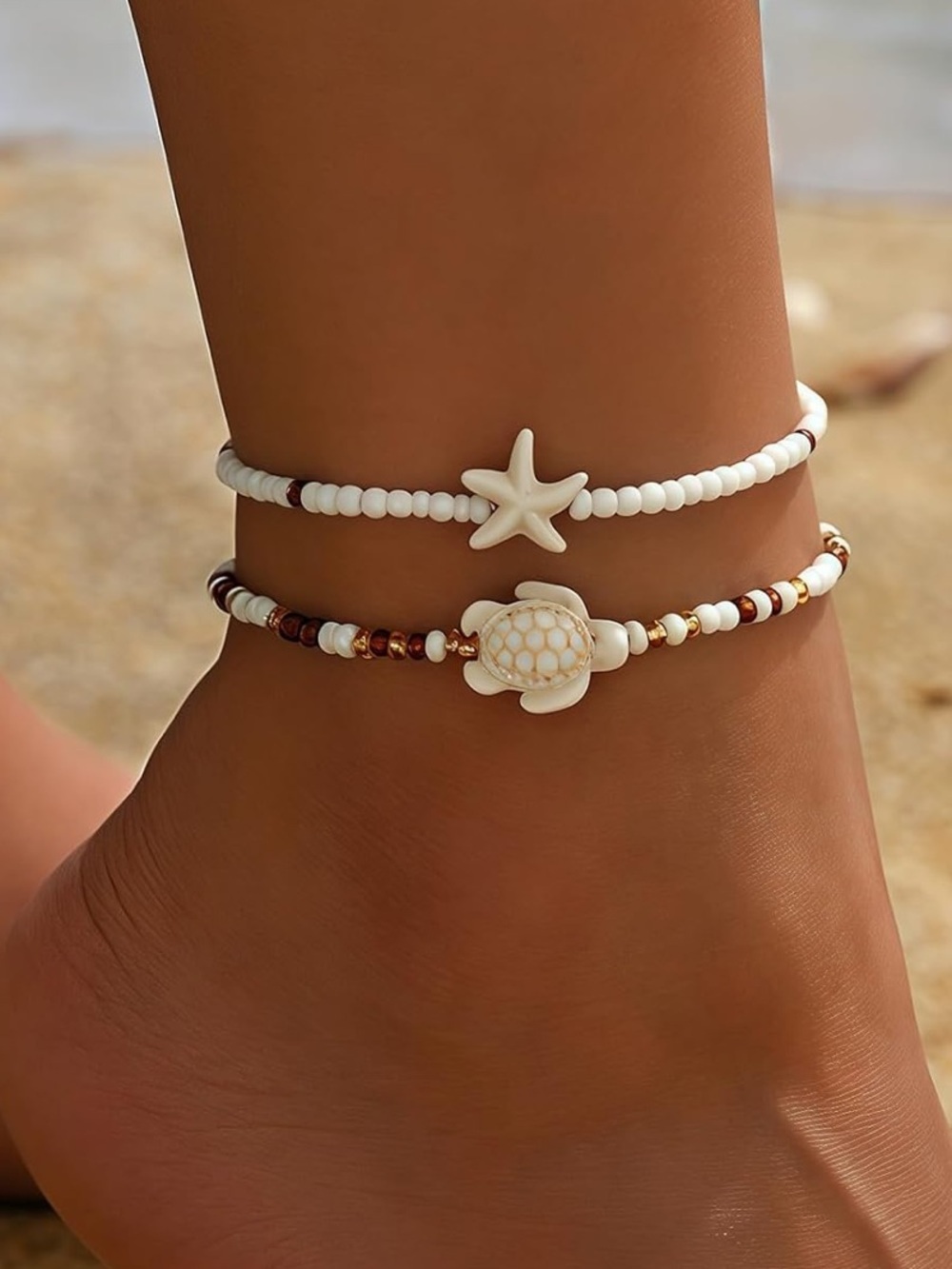 Anthropologie White Beaded Starfish and Turtle Anklet Set